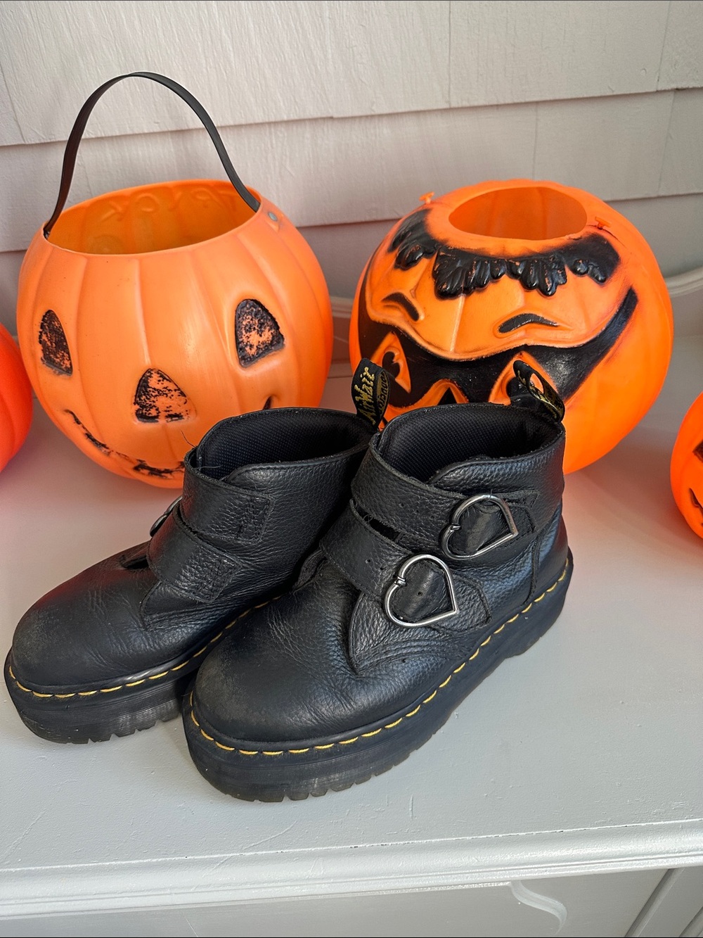 Dr. Martens Black Leather Heart-Buckle Combat Boots